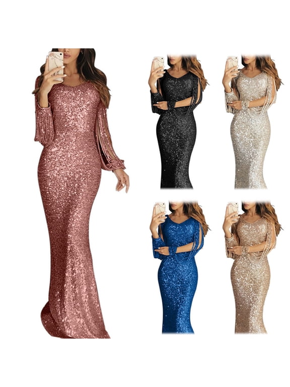 Plus Size Chic Women Sequined Tassel Long Sleeve V Neck Bodycon Party Maxi Dress