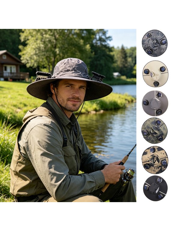 Portable Cooling Sun Hat, Outdoor Activities Cap with Built-in Fan Solar Power System, UPF 50+ Breathable Wide Brim Hat for Hiking Camping Fishing Gardening