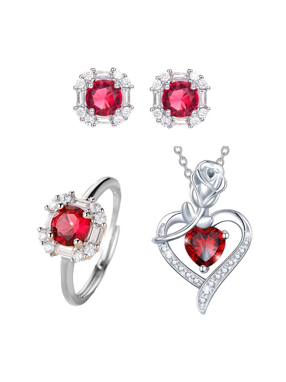 Red Zircon Love Heart Jewelry Set Rhinestone Necklace Stud Earrings Ring Set Romantic Accessories for Birthday Valentine's Day Gift