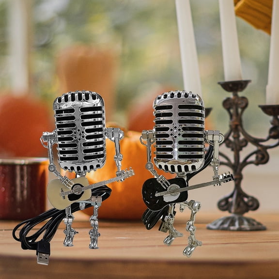 Joernso Robot Lamp Retro Microphone Head Iron Guitar Playing Robot Figurine Toy for Living Room