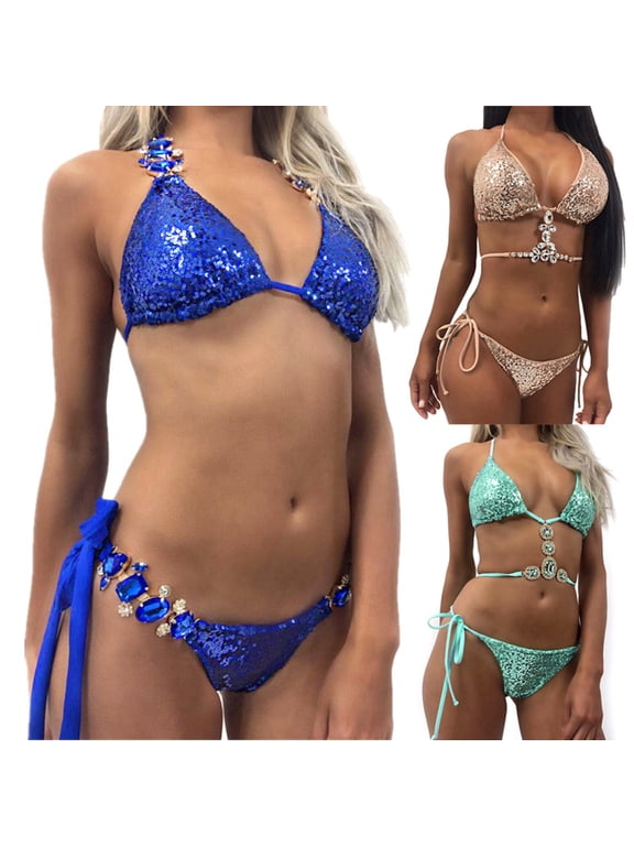 Sequins Rhinestone Bra Briefs Bikini Set Women Summer Swimwear Bathing Suit