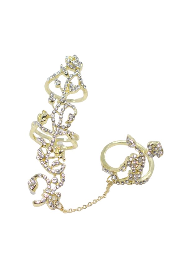 Shining Decorative Double Finger Rings Alloy Full Rhinestone Rose Flower Chain Link Rings Jewelry Gift