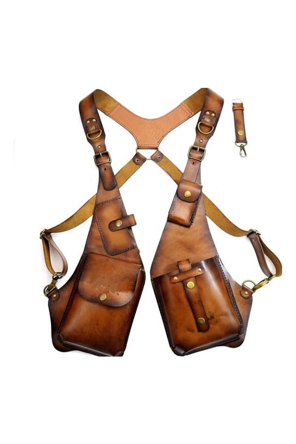Sling Bag Anti-Theft Harness Bag Medieval Steampunk Style Wallet Smooth Faux Leather Adjustable Strap Rivet Decor Underarm Double Shoulder Bag
