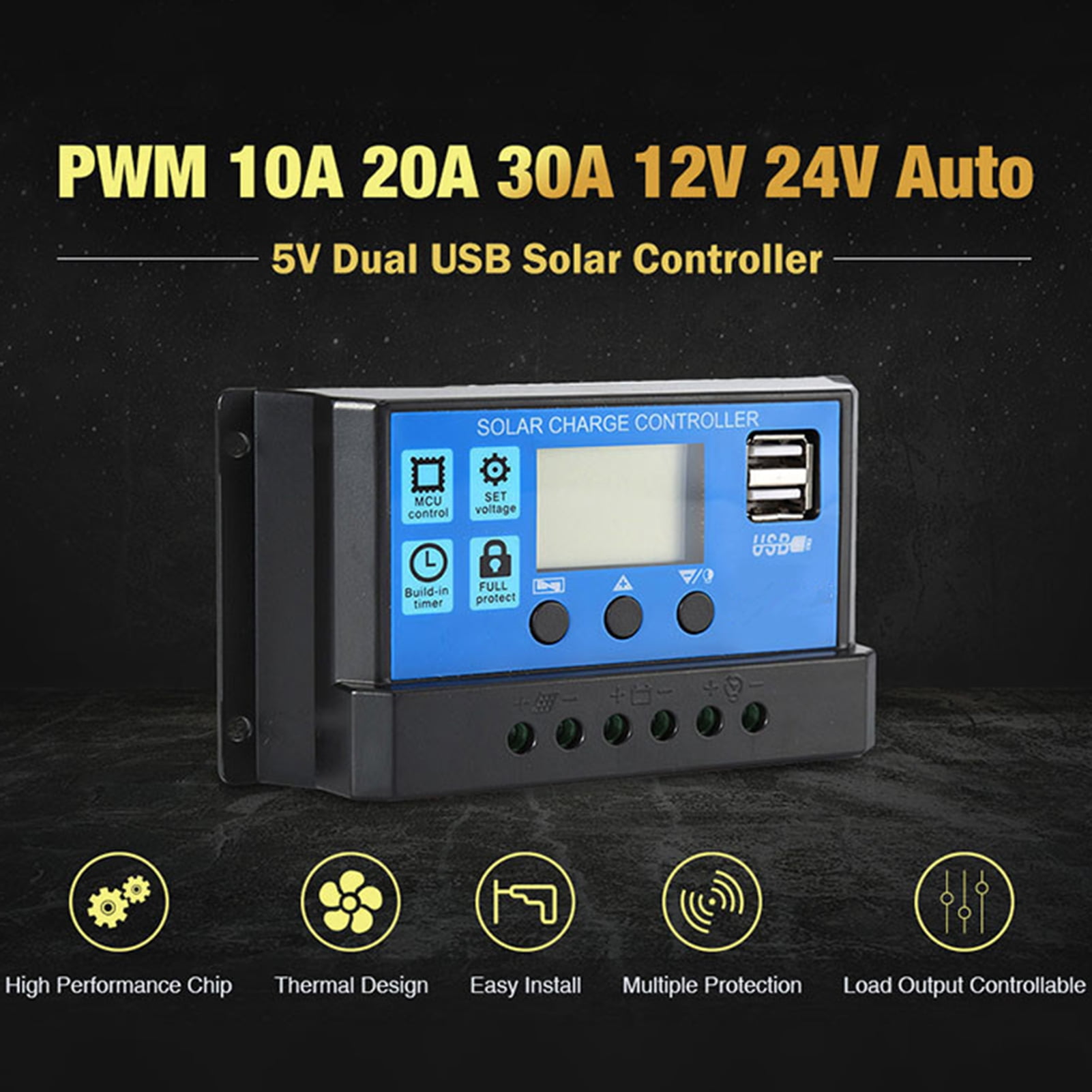 Joernso Solar Controller LCD Display Safe Auto Work Dual USB Output PWM ...