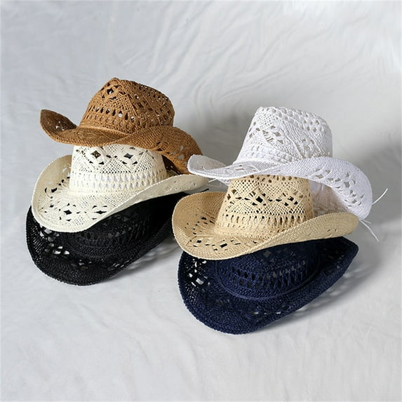 Joernso Straw Hat Ventilated Hollow Round Collapsible Western Cowboy Beach Hat Photo Props