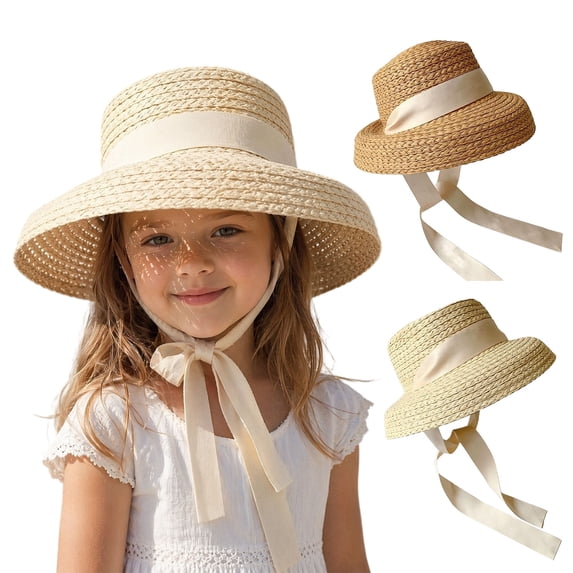 Joernso Straw Sun Hats for Kids, UV Protection Fishing Hat, Wide Brim Bucket Hat with Ribbon, Breathable Summer Hats for Outdoor Beach Travel