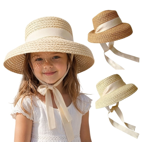 Joernso Straw Sun Hats for Kids, UV Protection Fishing Hat, Wide Brim Bucket Hat with Ribbon, Breathable Summer Hats for Outdoor Beach Travel