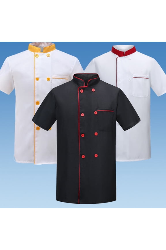 Summer Chef Uniform Double-breasted Short Sleeve Unisex Stand Collar Soft Breathable Stain-resistant Loose Cook Kitchen Bakery Restaurant Canteen Waiter Top