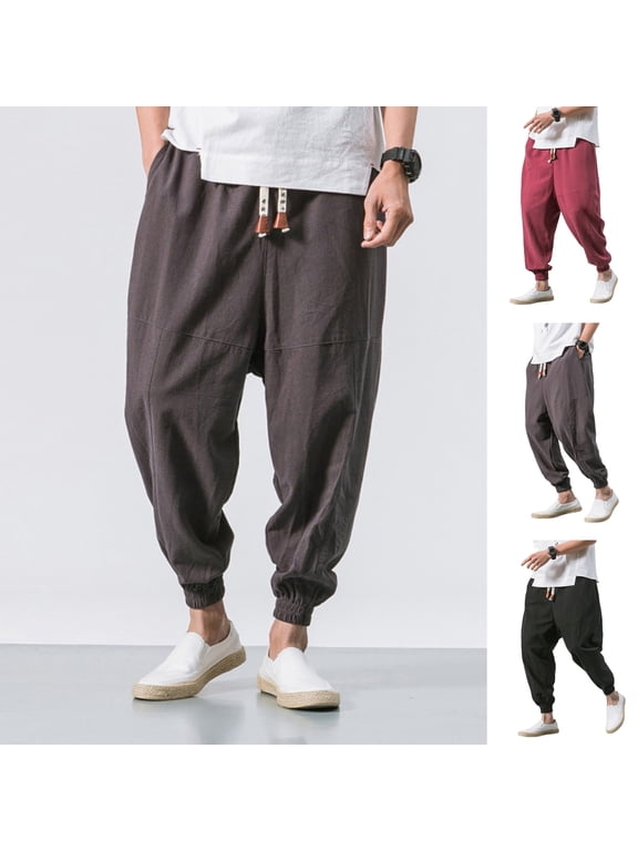 Summer Men Harem Pants Loose Ankle Length Pockets Pure Color Plus Size Japanese Style Deep Crotch Casual Daily Wear Long Trousers