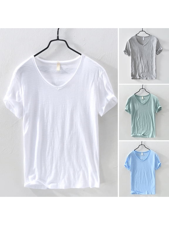 Summer Men Thin Breathable T-shirt V-neck Short Sleeve Solid Color Casual Basic Tees Casual Bottoms Pullover Tops