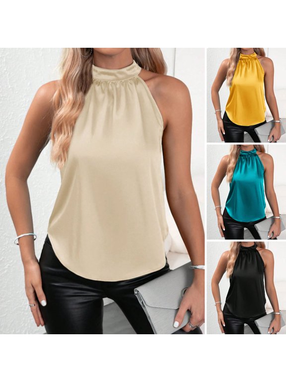 Summer Satin Vest Halter Off Shoulder Solid Color Sleeveless Tops Smooth Surface Pullover Tops Loose Fit Tank Tops Daily Wear