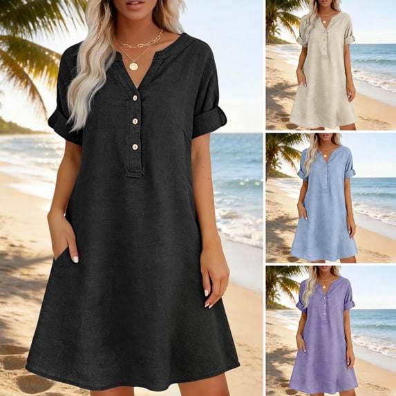 Joernso Summer Short Sleeve Dress for Women, Casual Button Up V Neck A-line Dress, Flowy Beach Vacation Sundress with Pockets