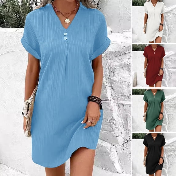 Joernso Summer Women Dress V Neck Button Short Sleeves Loose Solid Color Pullover Casual Daily Wear Dating Mini Dress