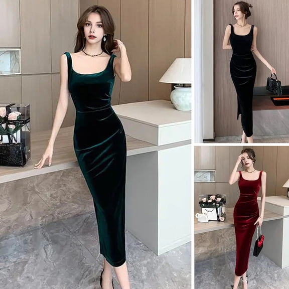 Joernso Summer Women Evening Dress Sleeveless Slim Fit Backless Pure Color Split Hem Velvet U-shaped Neck Prom Cocktail Party Midi Dress