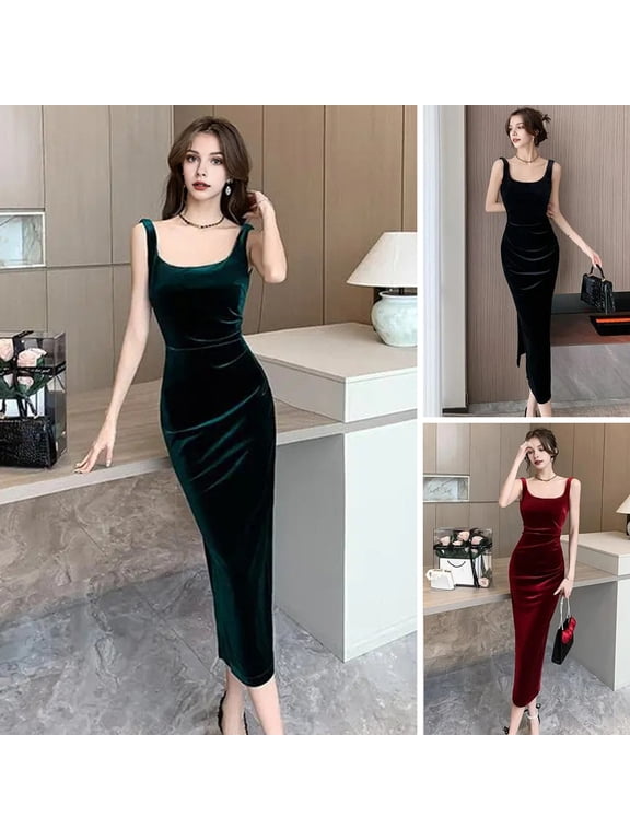 Summer Women Evening Dress Sleeveless Slim Fit Backless Pure Color Split Hem Velvet U-shaped Neck Prom Cocktail Party Midi Dress
