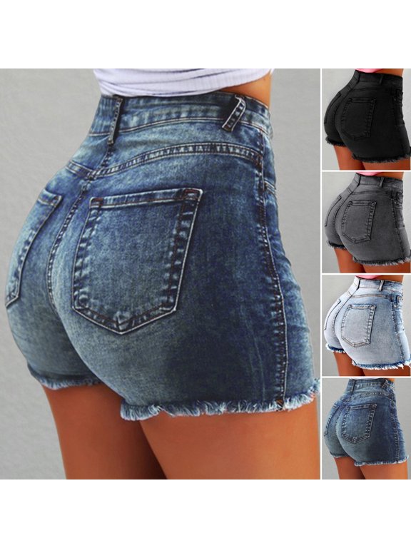Summer Women Shorts High Waist Washed Retro Distressed Ripped Edge Solid Color Butt-lifted Slim Fit Side Pockets Casual Club Party Short Pants