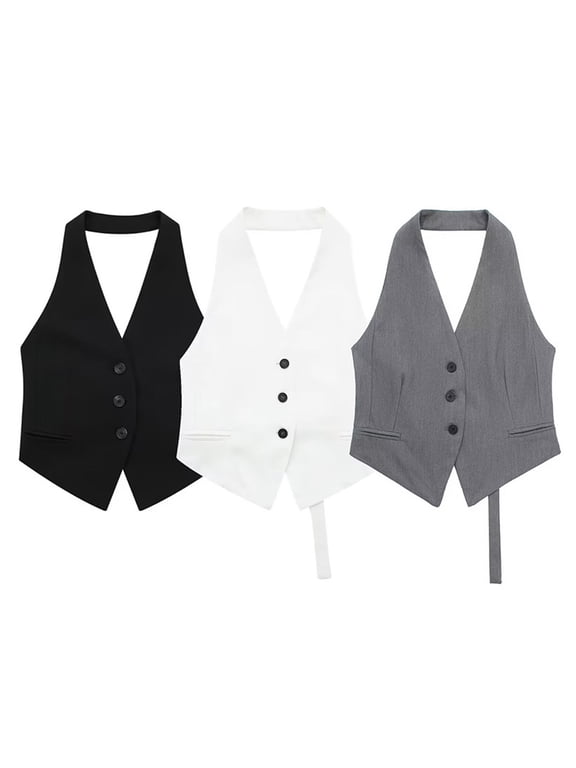 Summer Women Vest Halter Neck Sleeveless Single-breasted Pure Color Pockets Cardigan OL Commute Style Formal Business Waistcoat