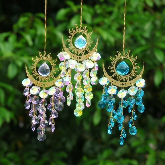 Joernso Sun Moon Suncatcher Decoration Indoor Outdoor Colorful Faux Crystal Rainbow Maker Prism Window Hanging Ornament Wind Chime Pendant Christmas Gifts