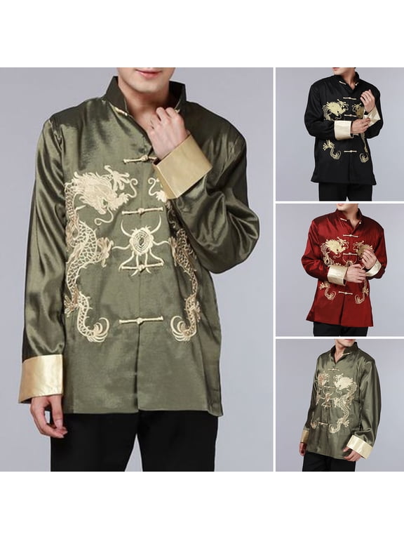 Tang Suit Jacket with Two Dragons Retro Chinese Style Long Sleeves Stand-up Collar Coat Traditional Chinese Clothing
