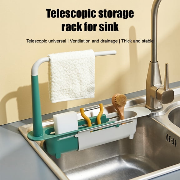 Joernso Telescoping Sink Drain Strainer with Towel Bar PP Rounded Edge Drying Rack Kitchen Accessories