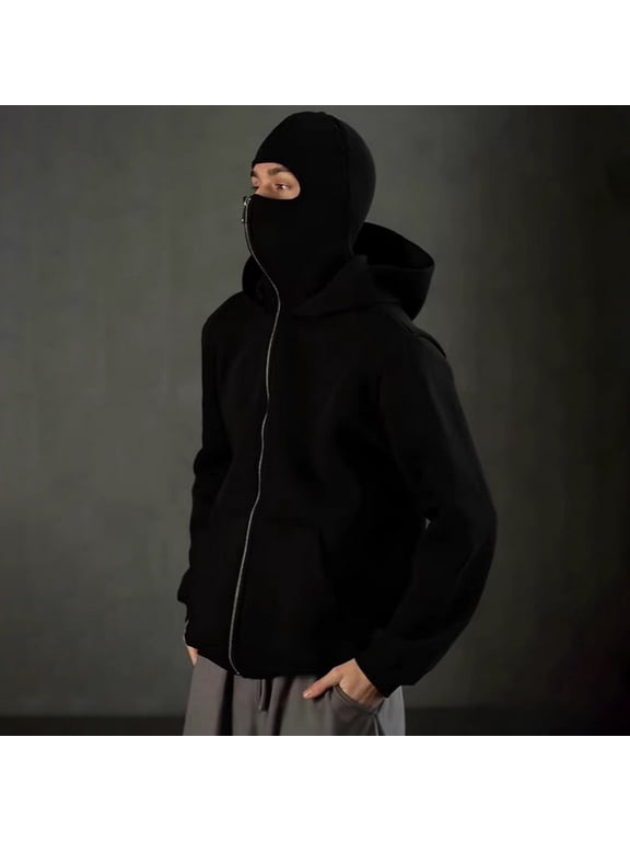 Unisex Balaclava Hoodie Warm Loose Hooded Jacket Zip-up Casual Jacket with Face Mask for Autumn Winter Outdoor Sports Street Wear
