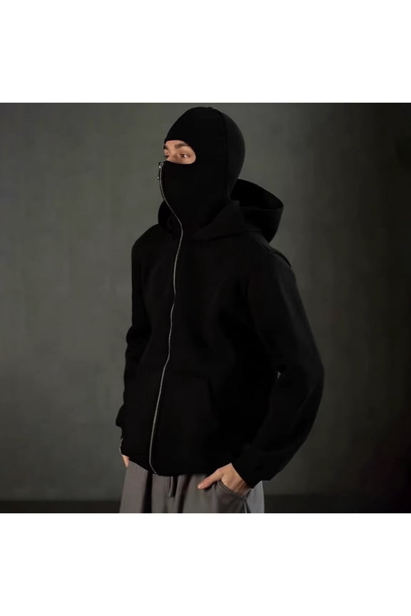 Unisex Balaclava Hoodie Warm Loose Hooded Jacket Zip-up Casual Jacket with Face Mask for Autumn Winter Outdoor Sports Street Wear