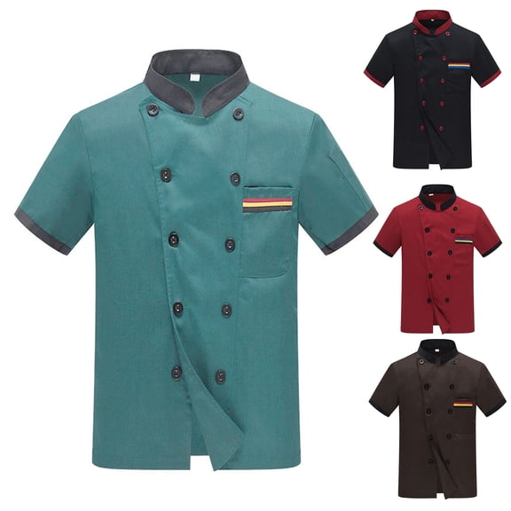 Joernso Unisex Chef Jacket Color Matching Double Breasted Short Sleeve Stand Collar Food Service Uniform Chef Shirt Waiter Top for Kitchen