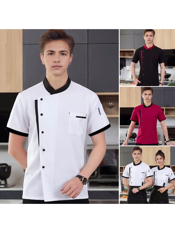 Unisex Chef Shirt Soft Breathable Stand Collar Single-breasted Short Sleeves Chest Pockets Restaurant Diner Kitchen Cook Top Bakery Hotel Waiter Uniform