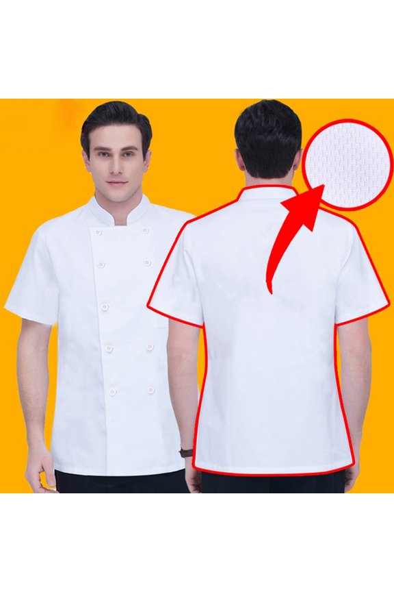 Unisex Kitchen Hotel Chef Uniform Bakery Food Service Cook Mesh Back Stand Collar Short Sleeve Shirt Breathable Double Breasted Chef Jacket Clothes