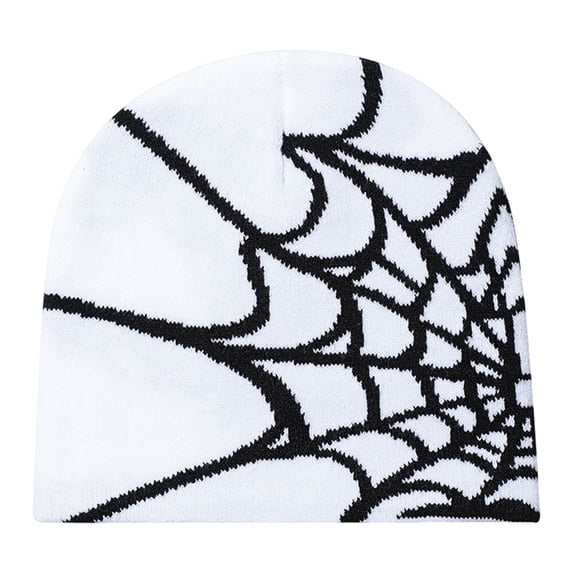 Joernso Unisex Winter Hat Spider Web Jacquard Knitted Dome Elastic Contrast Color Brimless Cold Weather Cap Cosplay Club Party Headwear