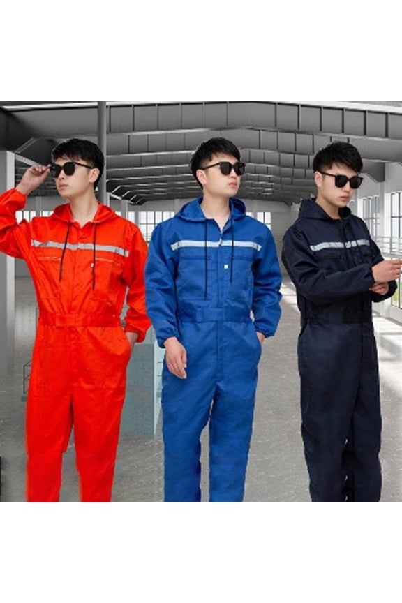 Unisex Work Overalls Hooded Drawstring Wear-resistant Reflective Zipper Pockets Loose Safety Worker Coveralls Mechcanic Jumpsuit Auto Repairmen Dust-proof Working Uniform