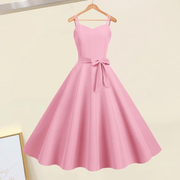 Joernso Vintage Women Dress A-line Big Swing Solid Color Backless Spaghetti Strap 50s Bow Decor Prom Cocktail Party Wedding Midi Dress Evening Dress