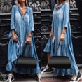thumbnail image 1 of Joernso Vintage Women Lace V Neck 3/4 Sleeve Large Hem Tassel Loose Maxi Denim Dress, 1 of 2