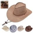 thumbnail image 1 of Joernso Western Cowboy Hat with Windbreak Rope for Men, Wide Brim Linen Sun Hat for Outdoor Travel, Halloween Cosplay Costume, Breathable Fedora Hats for Party, 1 of 8