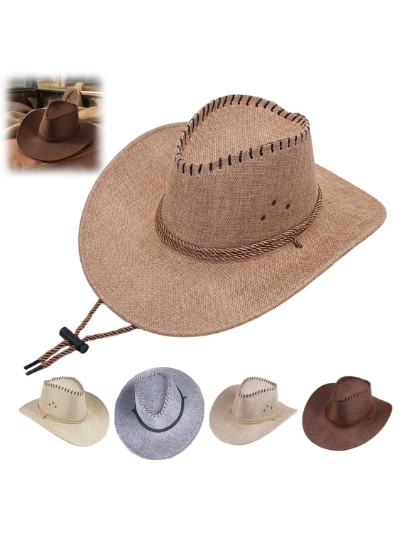 Western Cowboy Hat with Windbreak Rope for Men, Wide Brim Linen Sun Hat for Outdoor Travel, Halloween Cosplay Costume, Breathable Fedora Hats for Party