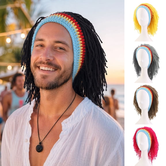 Joernso Wig Hat, High Elasticity Knitted Wool Hand-Crocheted Funny Hat, Dreadlocks Design Woolen Wig Cap for Party Halloween Daily Wear