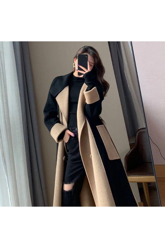 Winter Coat Double-breasted Color Matching Mid Length Double-sided Turn-down Collar Keep Warm Pockets Oversized Anti-wrinkle Lady Coat for Dating