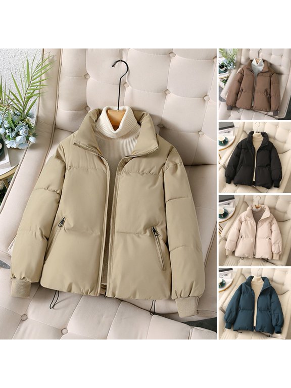 Winter Down Coat Padded Hooded Stand Collar Pockets Zip-up Parka Windproof Heat Retention Daily Cold Weather Outwear Cotton Jacket