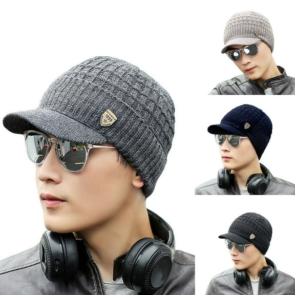 Joernso Winter Fall Men Hat Knitted Elastic Solid Color Short Brim Warm Sunshade Windproof Anti-slip Unisex Thickened Cycling Cap Outdoor Peaked Hat