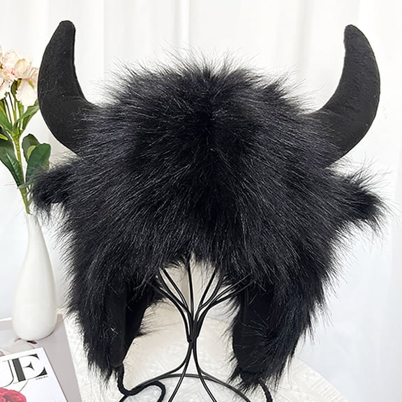 Joernso Winter Funny Hat Fake Cow Horn Decor Thunderbolt Thick Warm Faux Fur Ear Personality Unisex Windproof Fluffy Photo Prop Women Men Cap