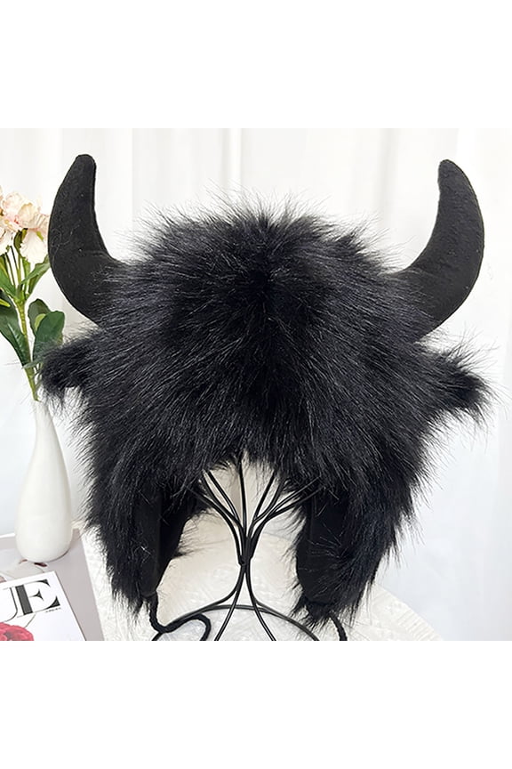 Winter Funny Hat Fake Cow Horn Decor Thunderbolt Thick Warm Faux Fur Ear Personality Unisex Windproof Fluffy Photo Prop Women Men Cap