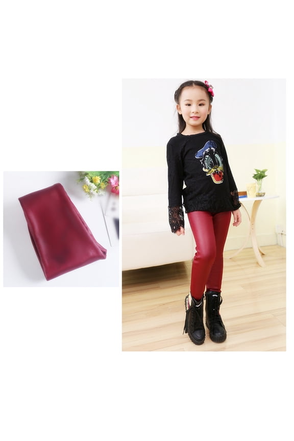 Winter Girls Faux Leather Pants Plush Liner Leggings Kids Skinny Warm Trousers