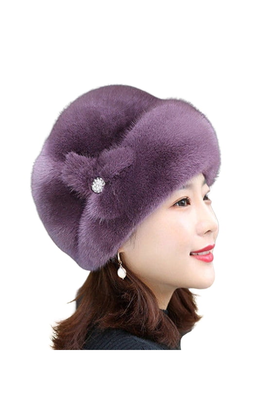 Winter Hat Russian Faux Rabbit Fur Flower Decor Thickened Luxury Keep Warm Solid Color Autumn Winter Thermal Middle-aged Women Cap for Outdoor