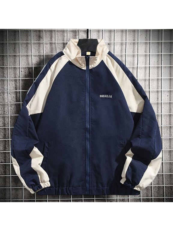 Winter Jacket Patchwork Color Long Sleeve Machine Washable Non-Fading Zipper Closure Keep Warm Autumn Winter Baseball Jacket Unisex Casual Streetwear for Daily Wear