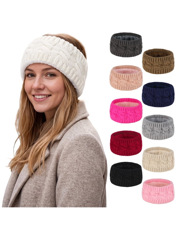Winter Knitted Headband for Women, Soft Fleece Lined Thermal Hair Band, Thickened Plush Ear Warmer for Cold Weather Outdoor Sports