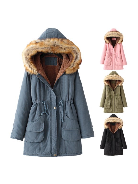 Winter Women Cotton Coat Drawstring Waist Slim Fit Waist Faux Fur Hood Fleece-lined Zip-up Press Button Closure Jacket Windproof Mid Length Outerwear
