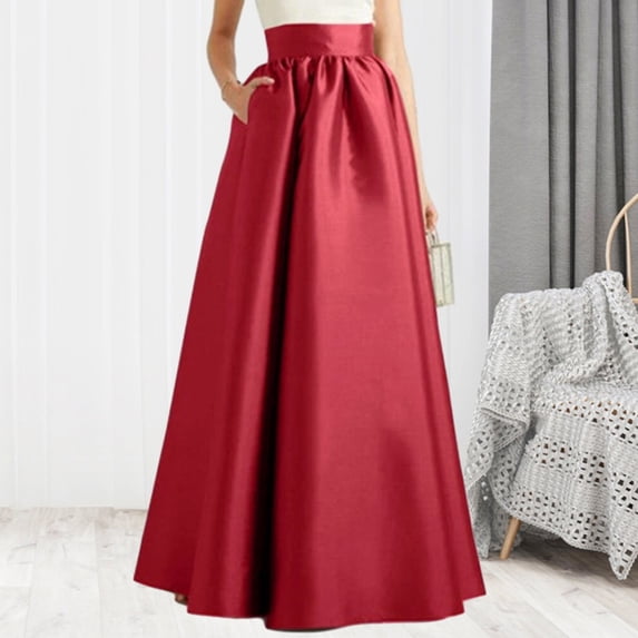 Joernso Women Autumn Faux Satin Maxi Skirt A-line Floor Length Solid Color High Waist Pockets Skirt Elegant Vintage Casual Oversized Long Robe Skirt