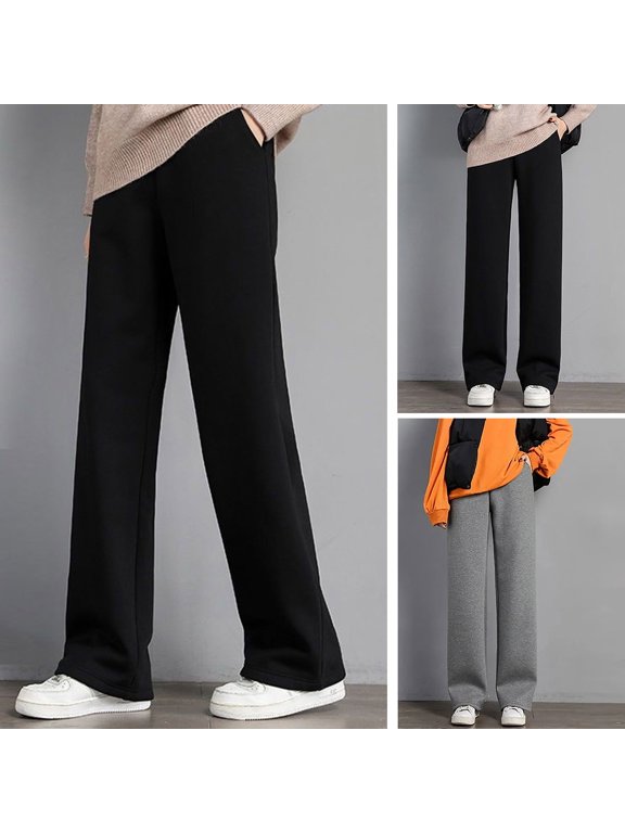 Women Autumn Winter Fleece Lining Pants Elastic High Waist Straight Wide Leg Pants Solid Color Loose Fit Long Trousers