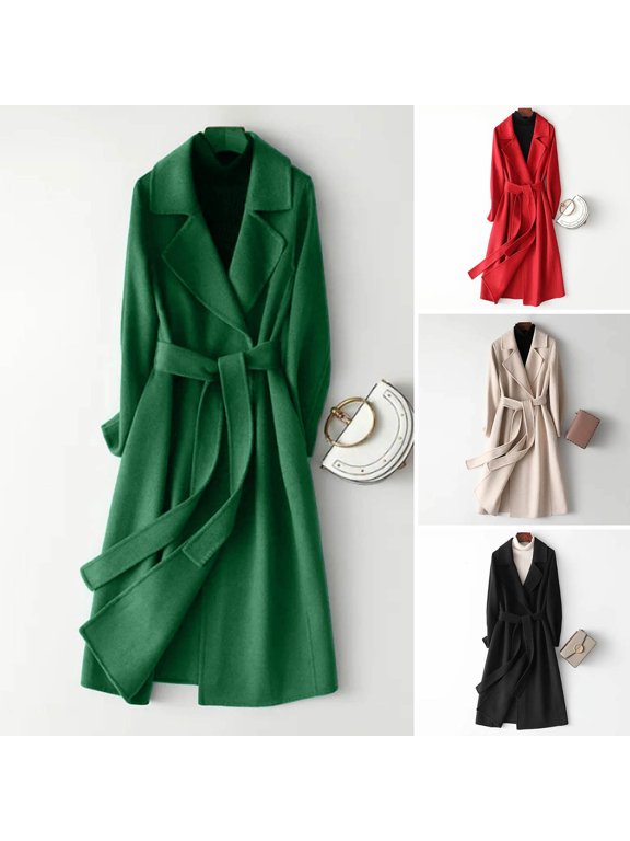 Women Autumn Winter Woolen Coat Lapel Long Sleeve Slim Fit Coat with Belt Solid Color Mid-calf Length Overcoat