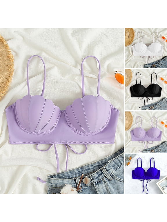 Women Bikini Bra Push Up Padded with Wire Spaghetti Strap Solid Color Swimming Seashell Shape Lace Up Beach Swimming Top Women Clothes